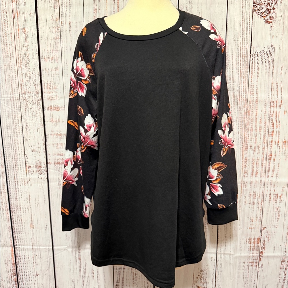 BloomChic Black Long Sleeve Tee with Pink Floral Raglan Sleeves
